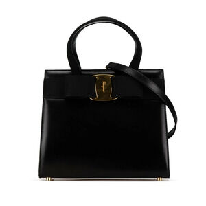 Salvatore Ferragamo Vara Ribbon Handbag Shoulder Bag Black Gold Leather